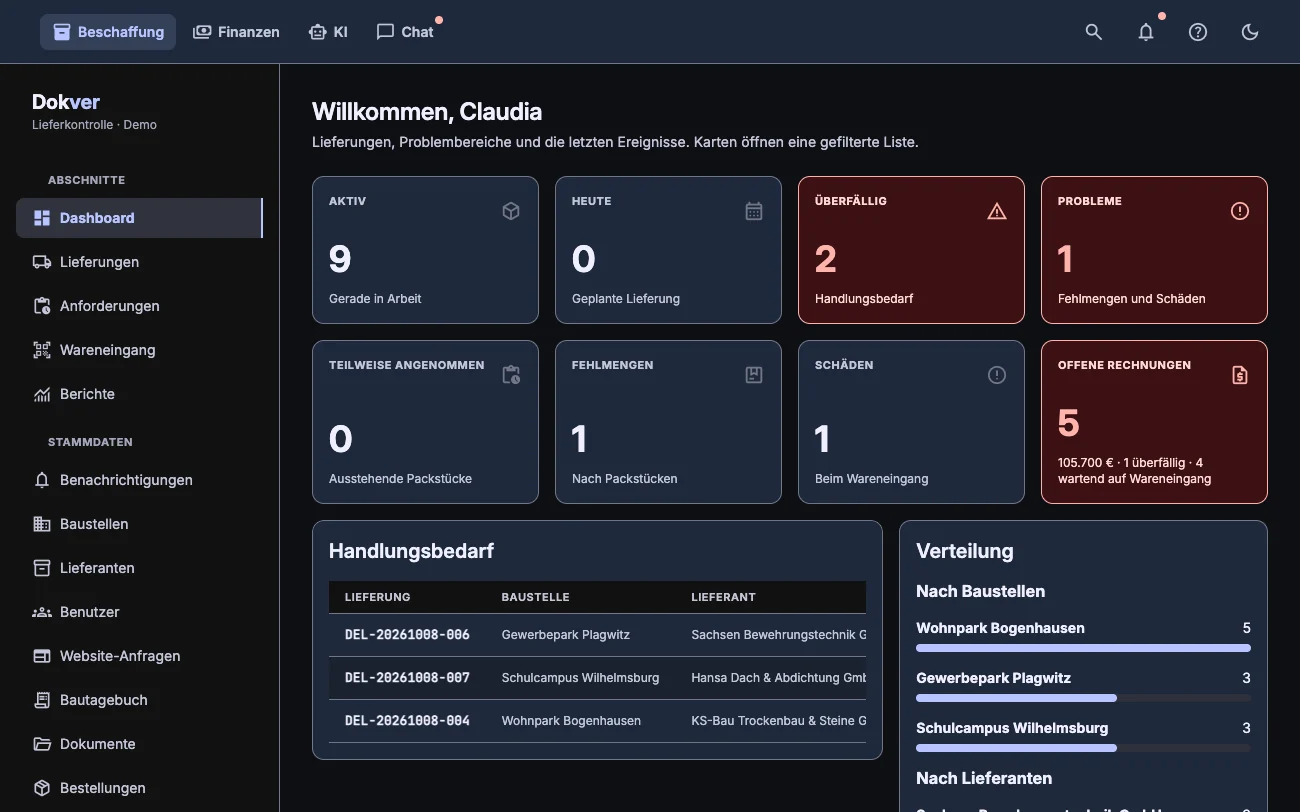 Dashboard mit laufenden Lieferungen, überfälligen Positionen und fälligen Rechnungen, dunkles Design
