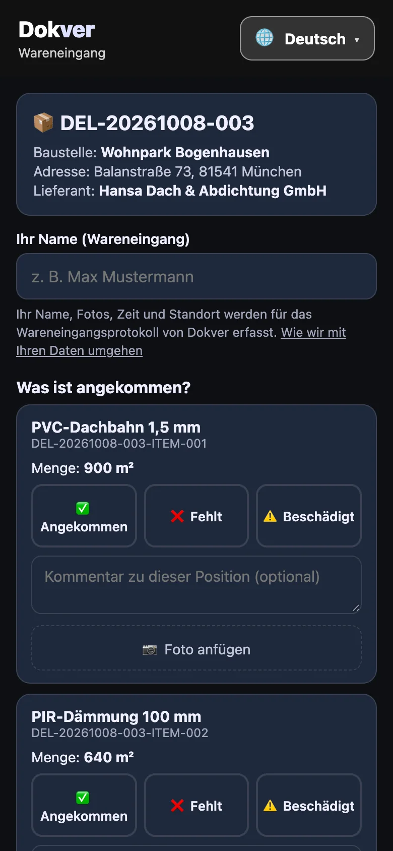 QR-Wareneingangsseite auf dem Handy mit den Buttons Angenommen, Fehlt und Beschädigt, dunkles Design