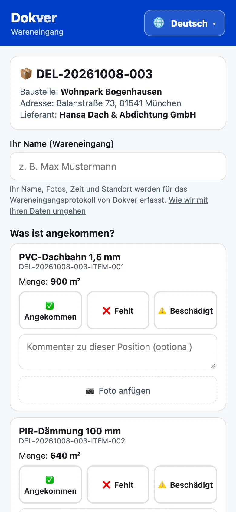 QR-Wareneingangsseite auf dem Handy mit den Buttons Angenommen, Fehlt und Beschädigt