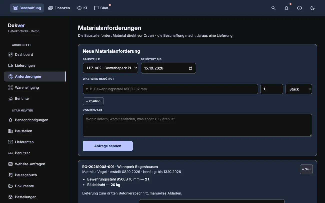 Materialanforderungen von der Baustelle mit Status und dem Button, der eine Lieferung anlegt, dunkles Design