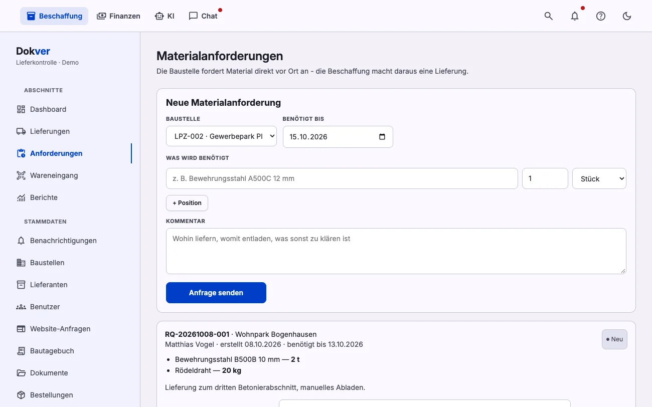 Materialanforderungen von der Baustelle mit Status und dem Button, der eine Lieferung anlegt