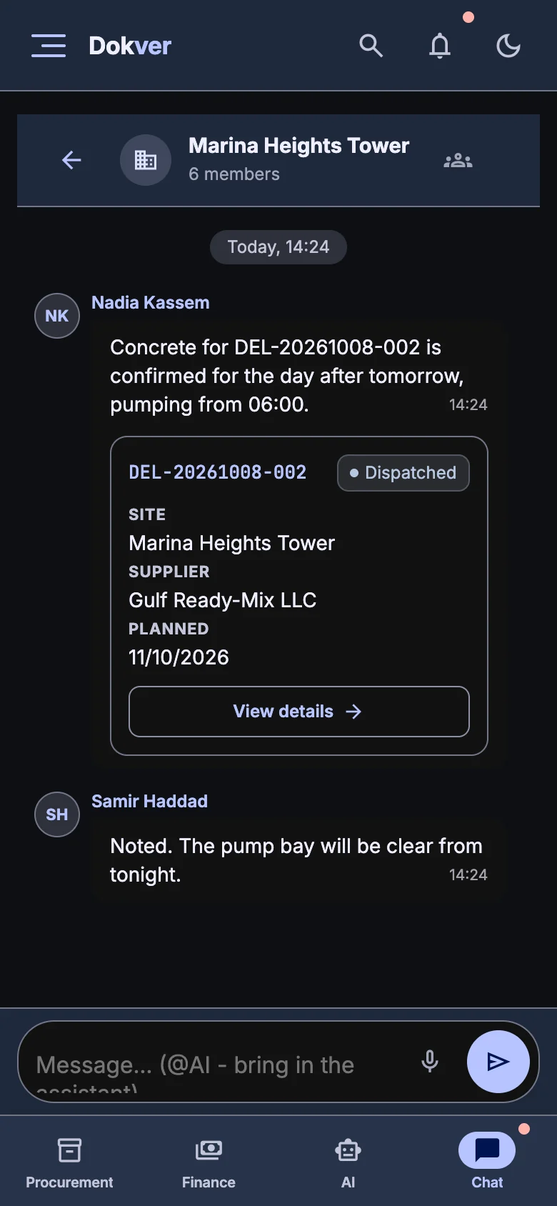 Team chat on a phone with voice notes and delivery cards, dark theme