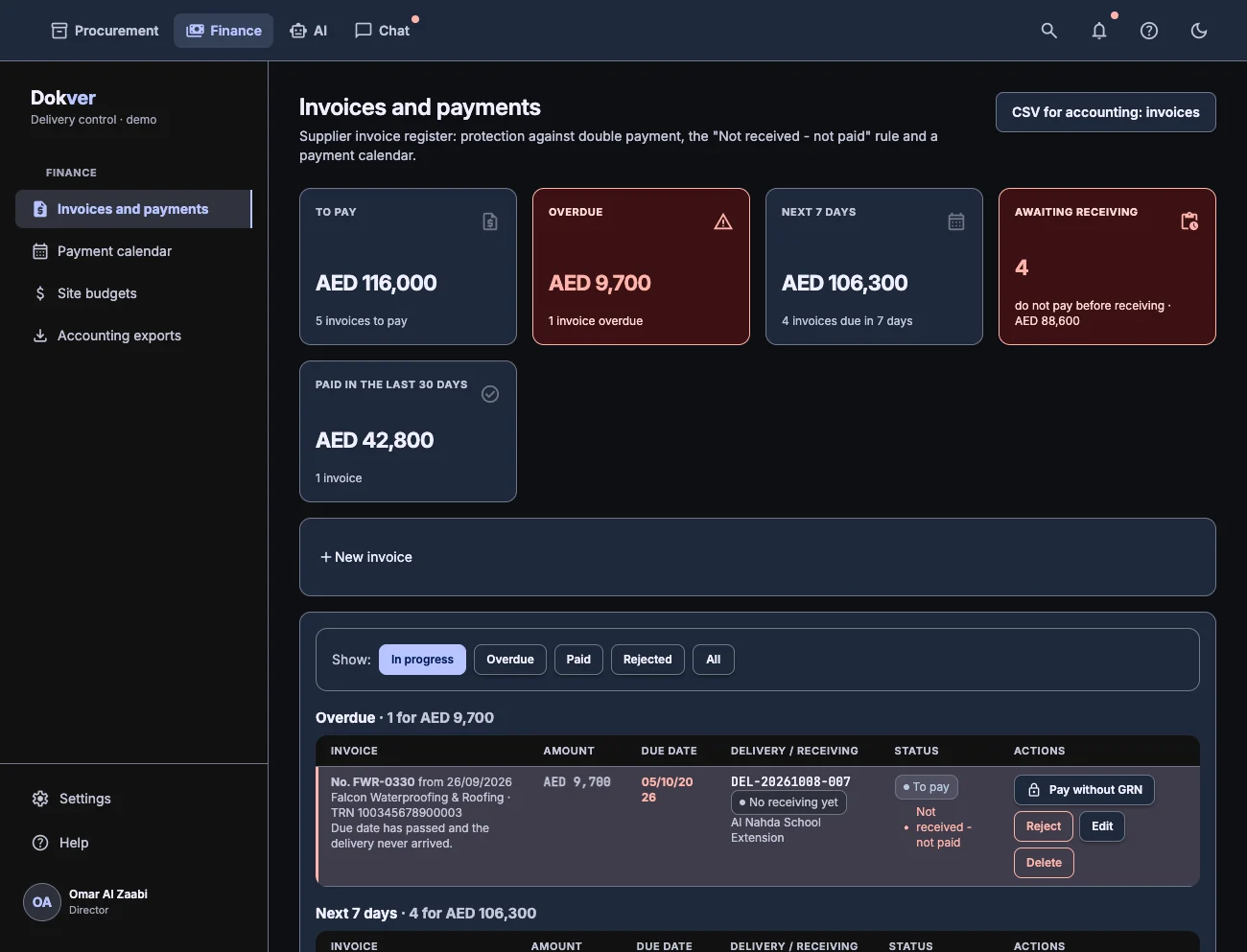 Invoices and payments: due, overdue and the payment calendar, dark theme