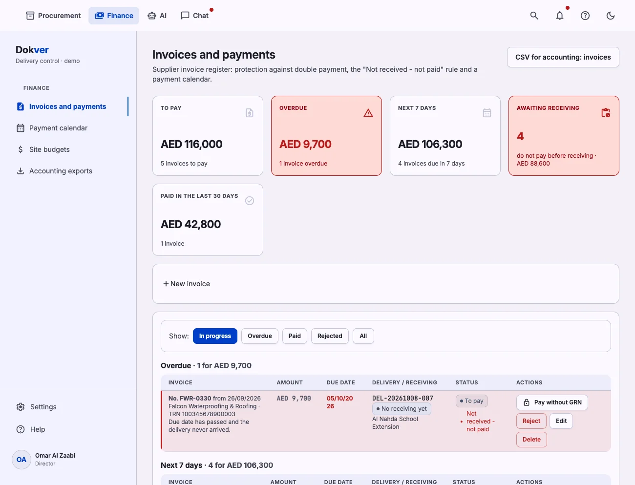 Invoices and payments: due, overdue and the payment calendar
