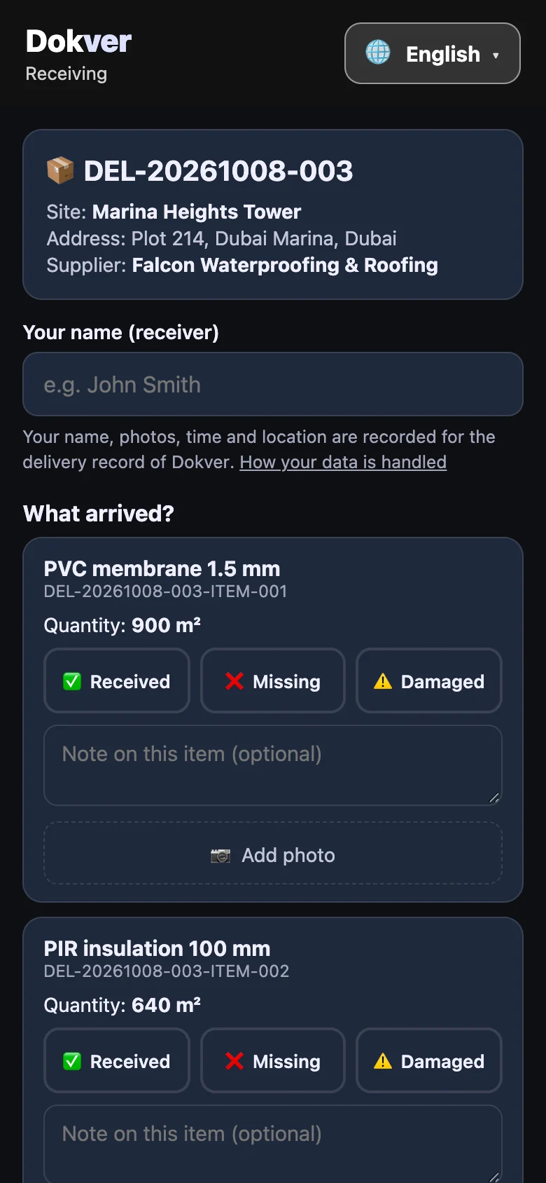 QR receiving page on a phone with received, missing and damaged buttons, dark theme