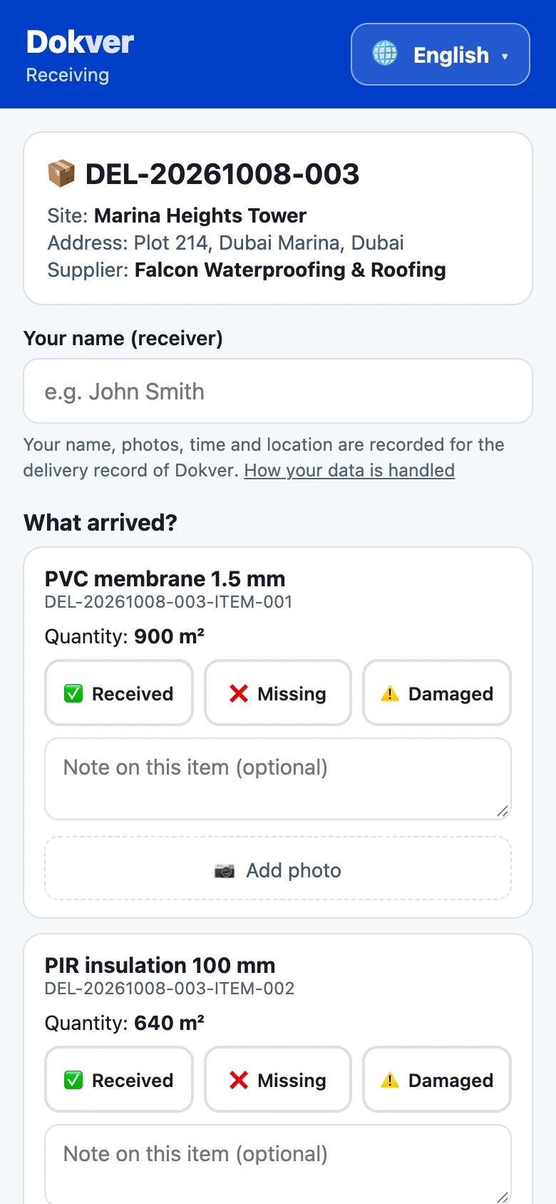 QR receiving page on a phone with received, missing and damaged buttons