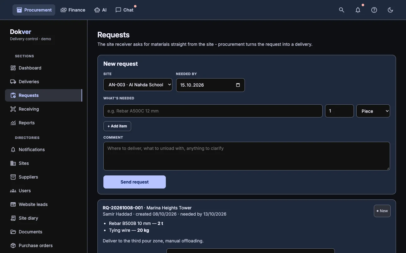 Material requests from site with statuses and the button that creates a delivery, dark theme