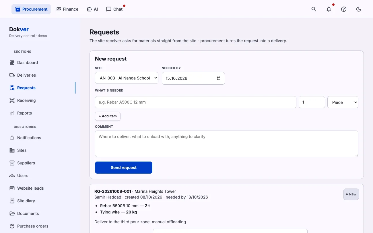 Material requests from site with statuses and the button that creates a delivery