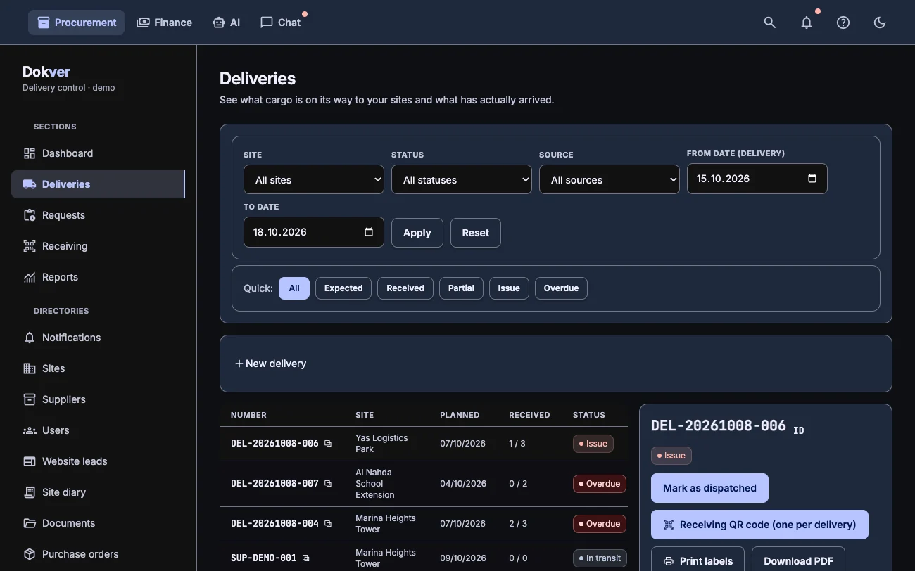 Delivery register and the card of one delivery with packages and photos, dark theme