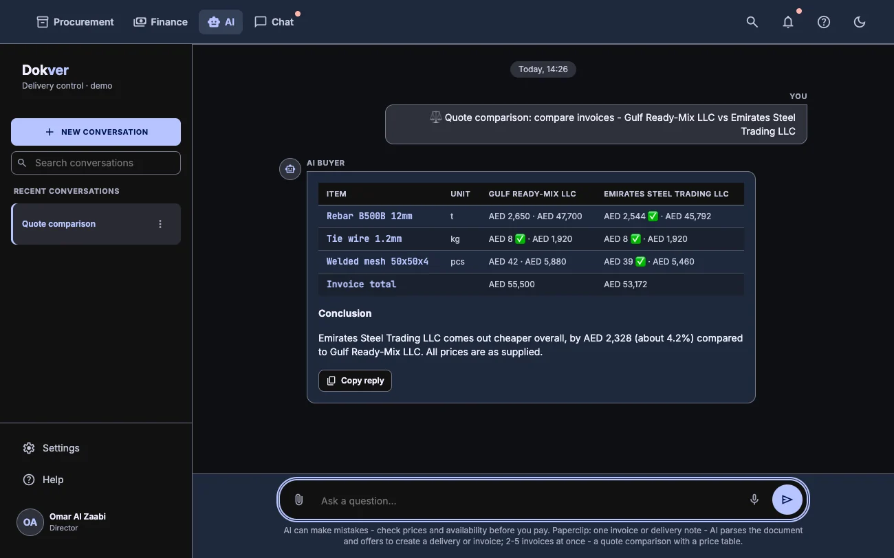 Quote comparison in the AI buyer chat with the better prices highlighted, dark theme