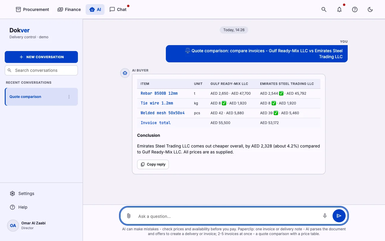 Quote comparison in the AI buyer chat with the better prices highlighted