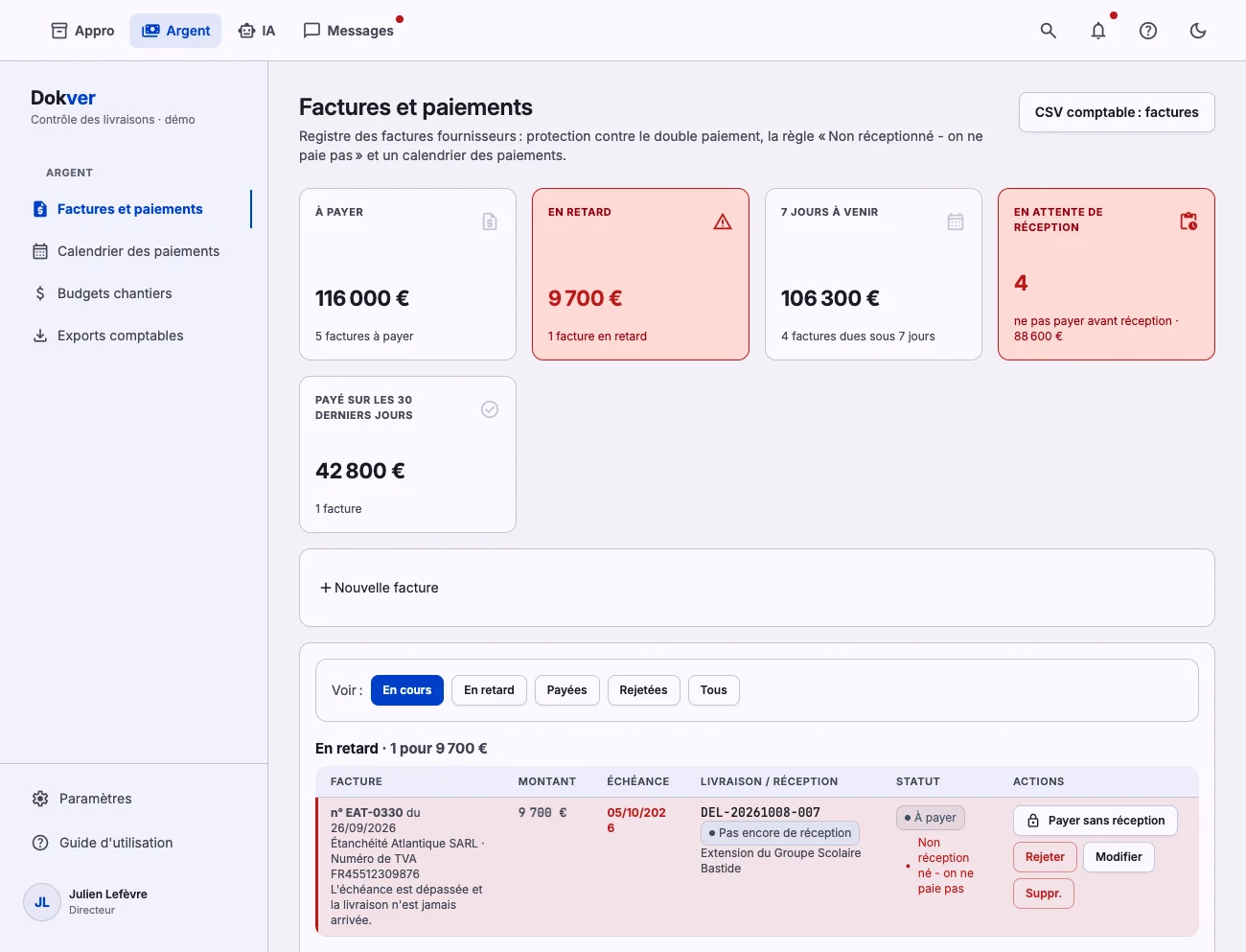 Factures et paiements : à payer, en retard, et le calendrier des paiements
