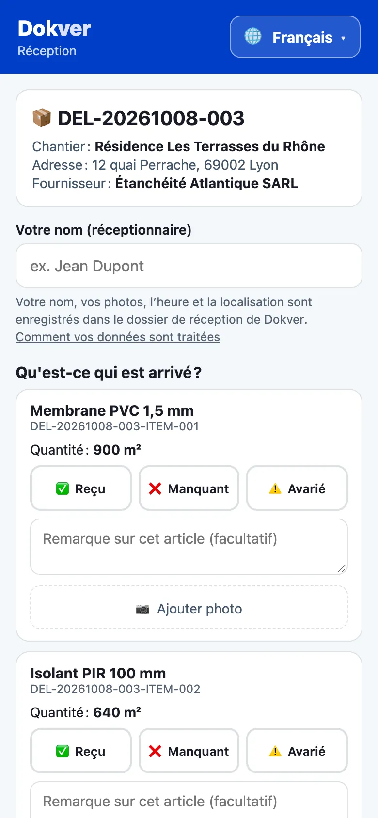 Page de réception QR sur mobile avec les boutons reçu, manquant et avarié